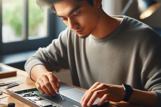 person repairing laptop