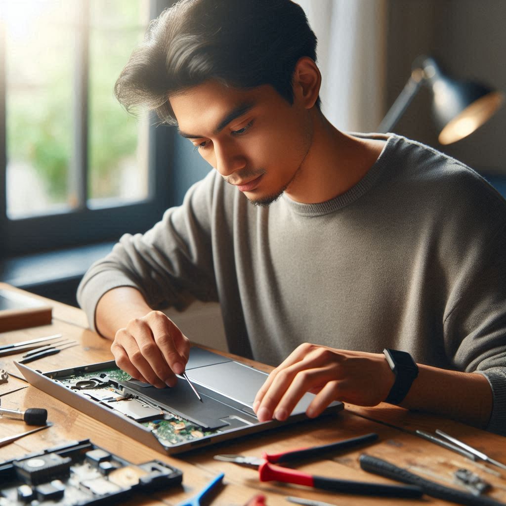 person repairing laptop