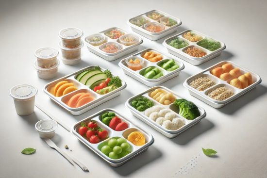 DALL·E 2025-03-04 16.46.50 - A modern and clean image of disposable portion trays made from eco-friendly materials. The trays are neatly arranged with different food portions, suc