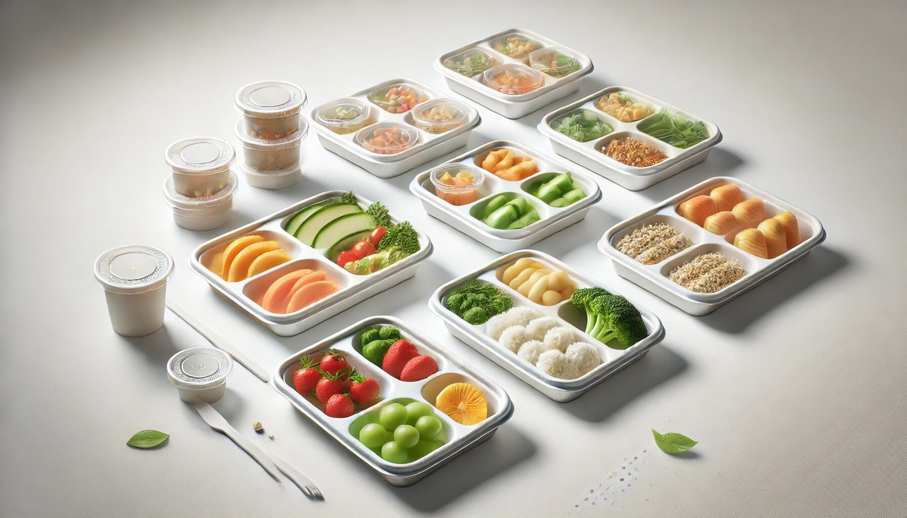 DALL·E 2025-03-04 16.46.50 - A modern and clean image of disposable portion trays made from eco-friendly materials. The trays are neatly arranged with different food portions, suc